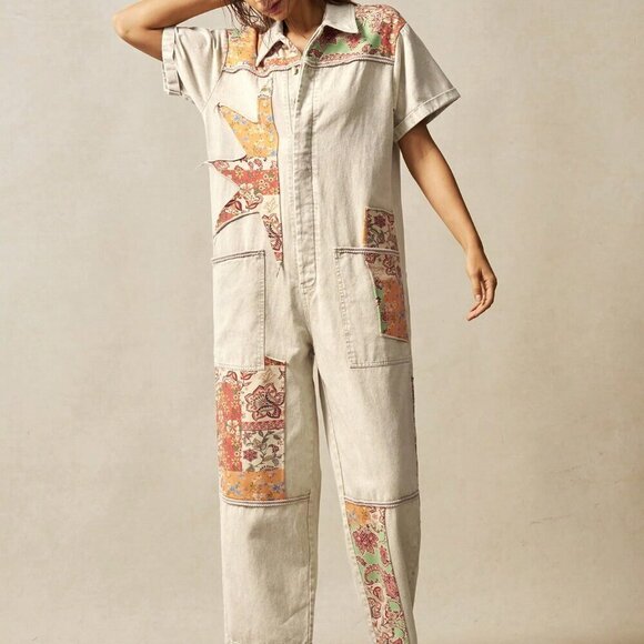 Khaki Casual Women's Boho Western Cowgirl Style Floral Patchwork Jumpsuit - Picture 4 of 7